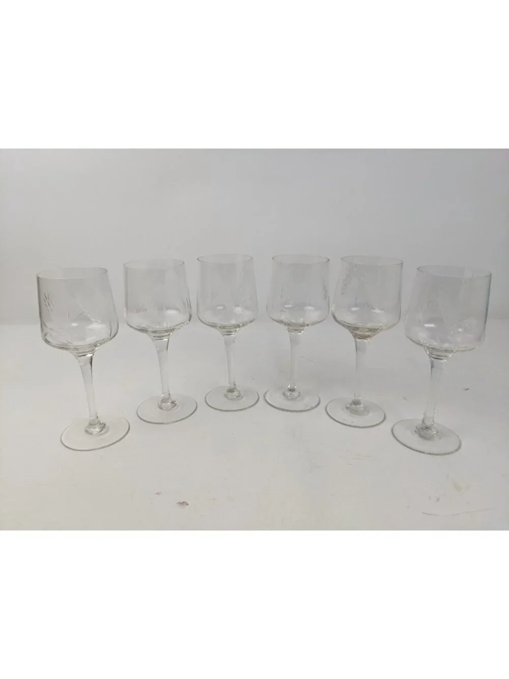 Set of 6 Wine Glasses Cut Wheat Pattern Clear Crystal Style Vintage MCM